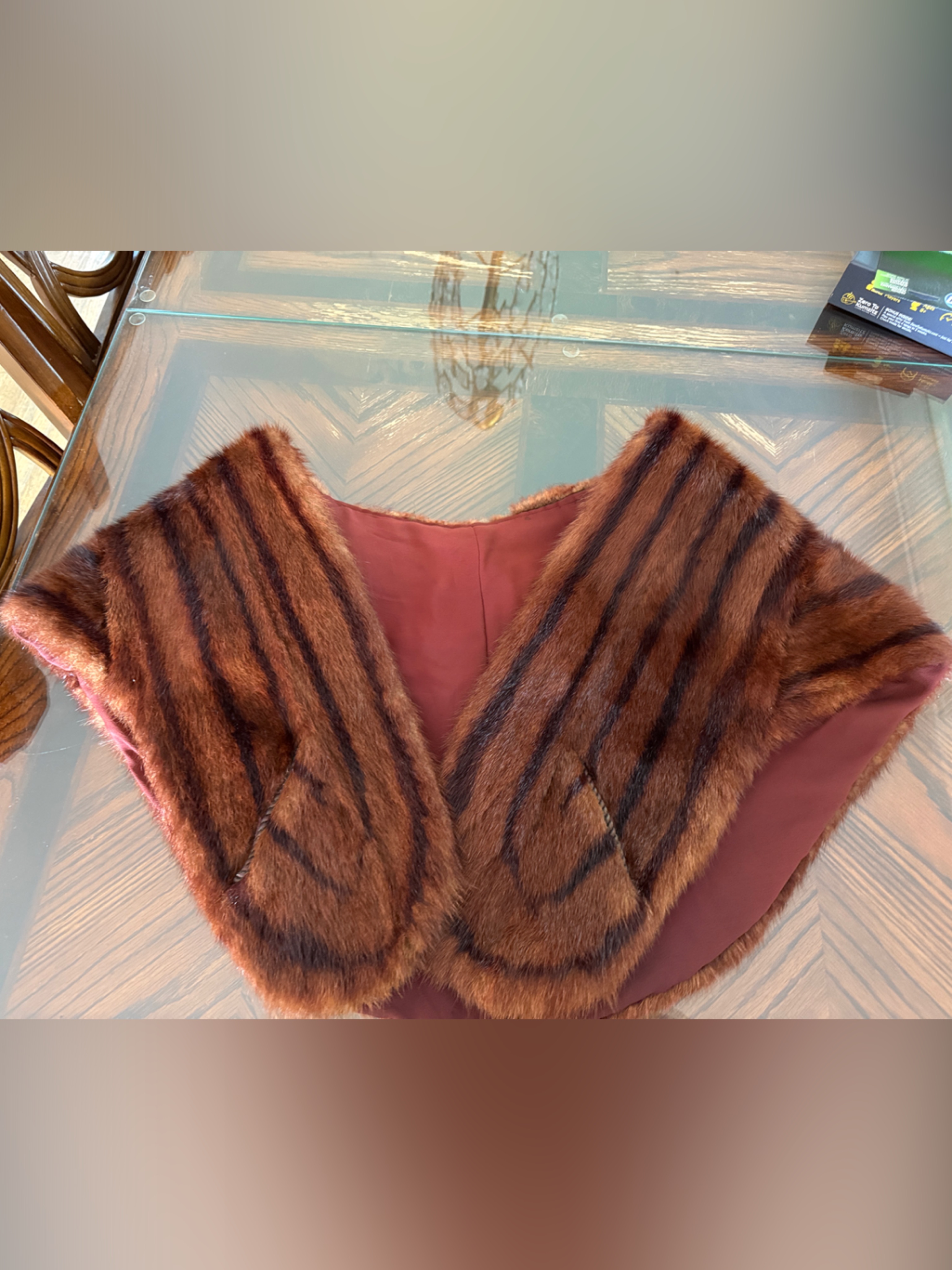 Striped Brown Faux Fur Capelet With Burgundy Lining